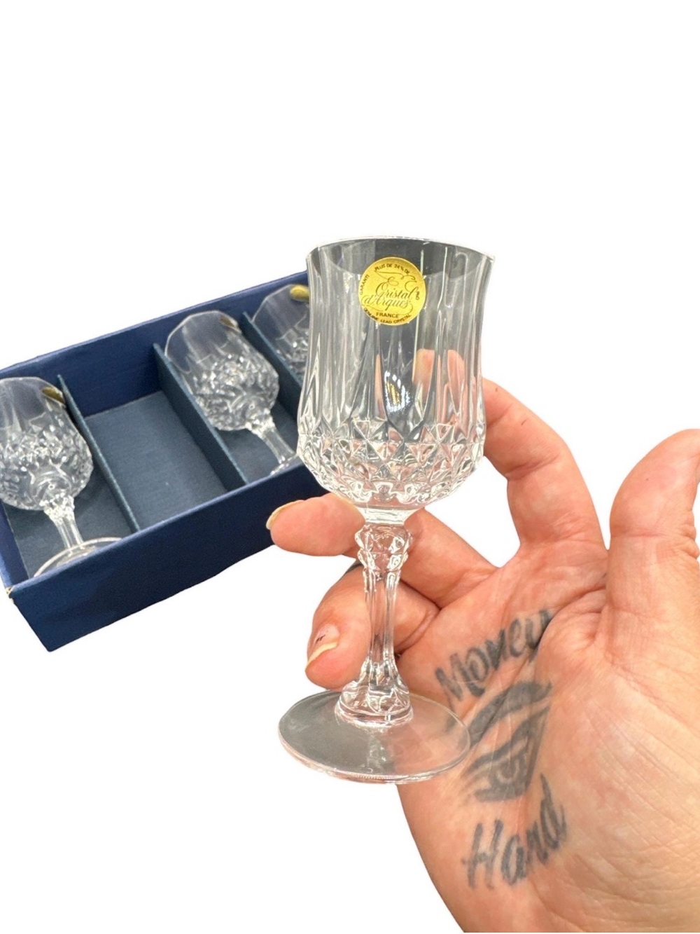 Vintage NOS Cristal d’Arques Longchamp 24% Lead Crystal Wine Goblets Set of 4